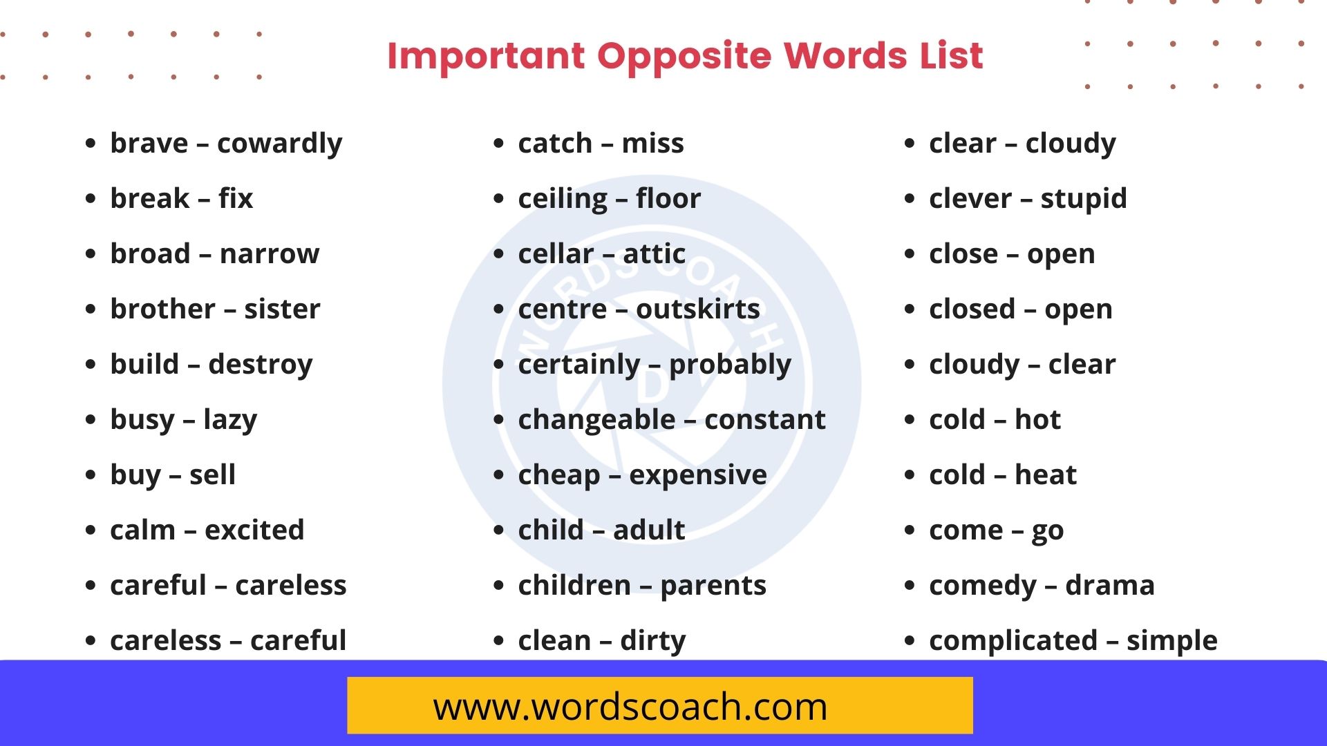 Important Opposite Words List Word Coach