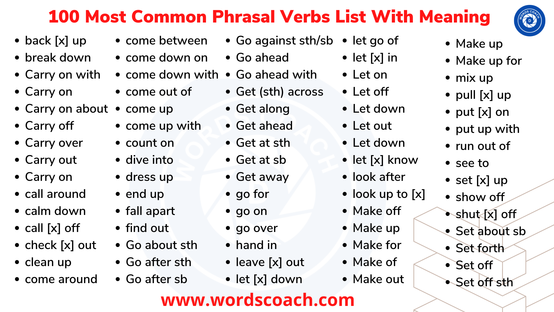 100 Most Common Phrasal Verbs List With Meaning Word Coach