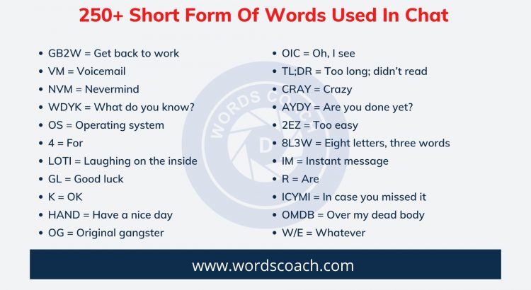 250 Short Form Of Words Used In Chat Word Coach