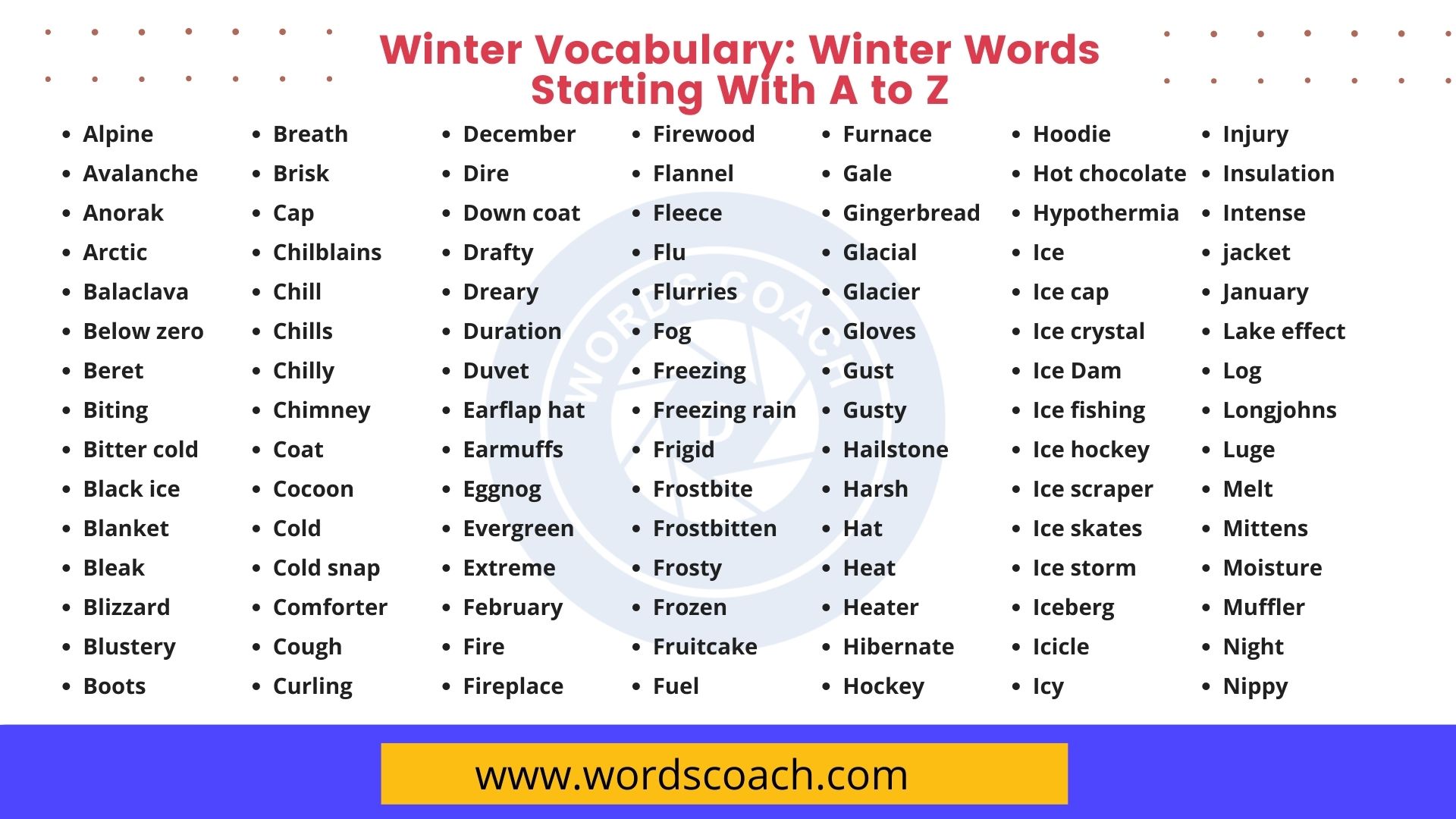 Winter Vocabulary Winter Words Starting With A To Z Word Coach