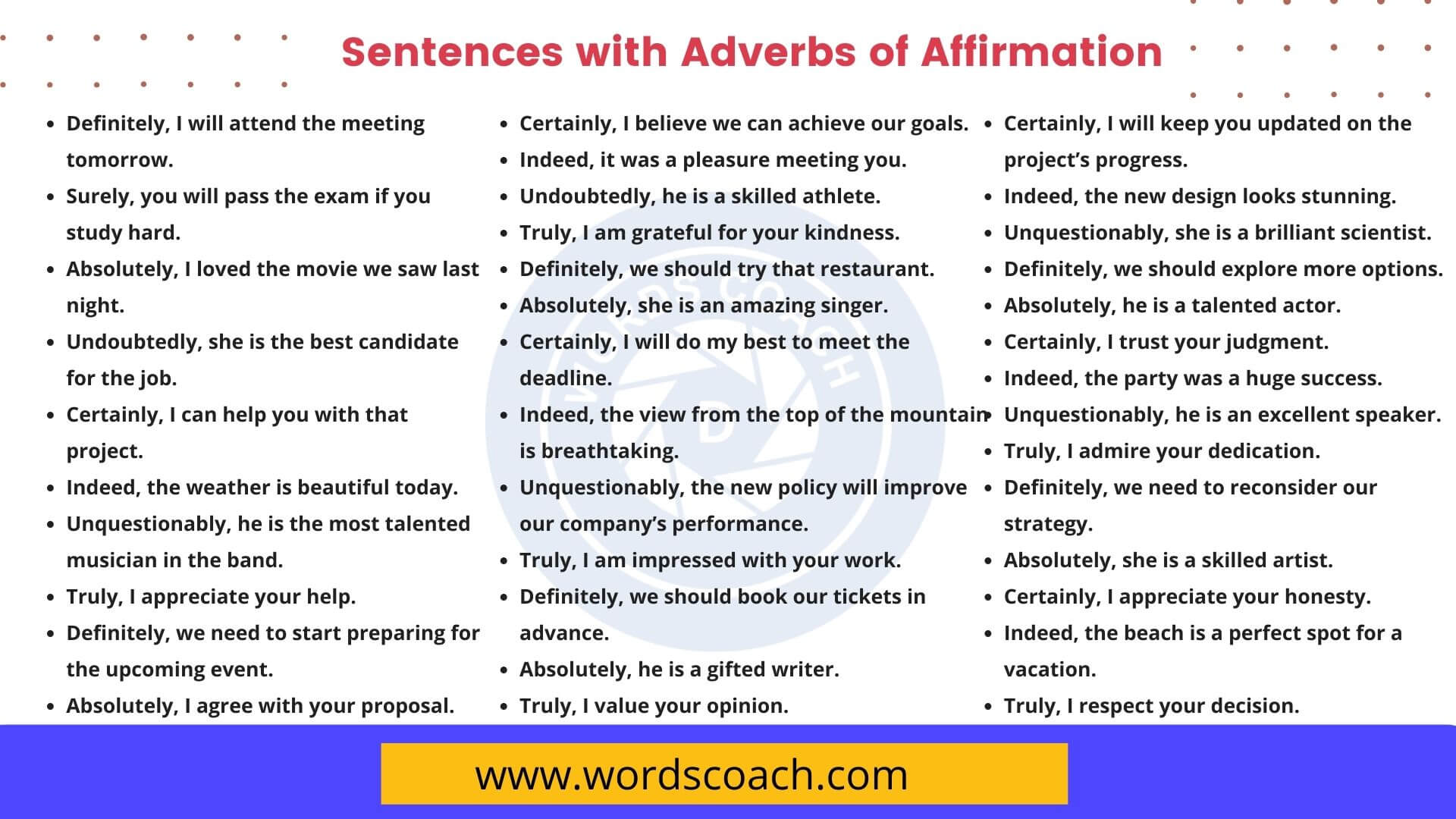 100 Sentences With Adverbs Of Affirmation In English Word Coach