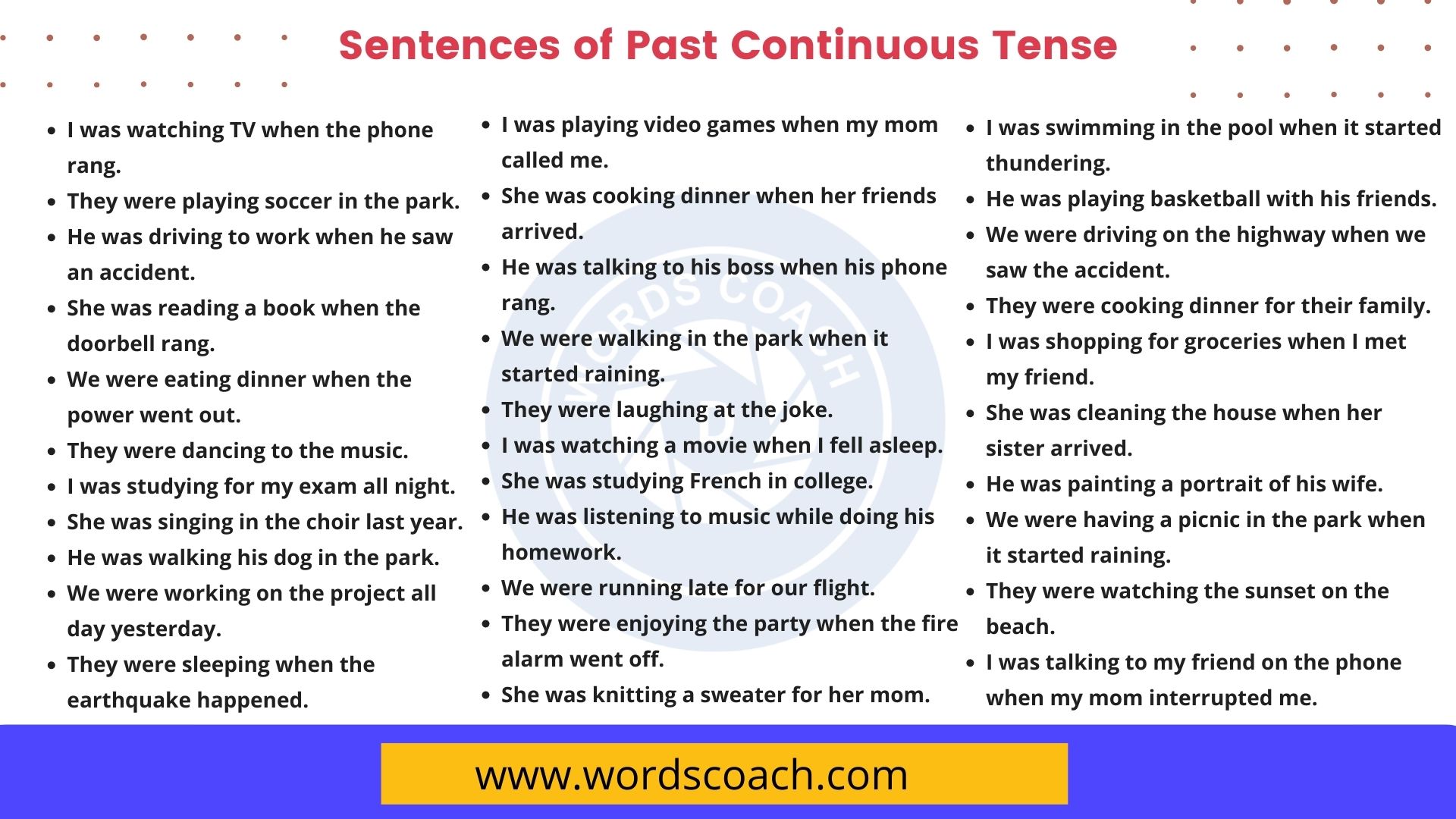 200 Sentences Of Past Continuous Tense Examples Of Past Progressive 